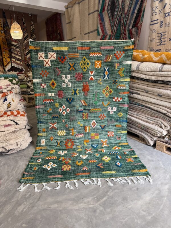 The Emerald Mosaic – Handwoven Moroccan Kilim Rug